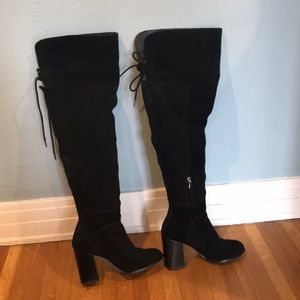 Over-the-knee black suede block heel boots